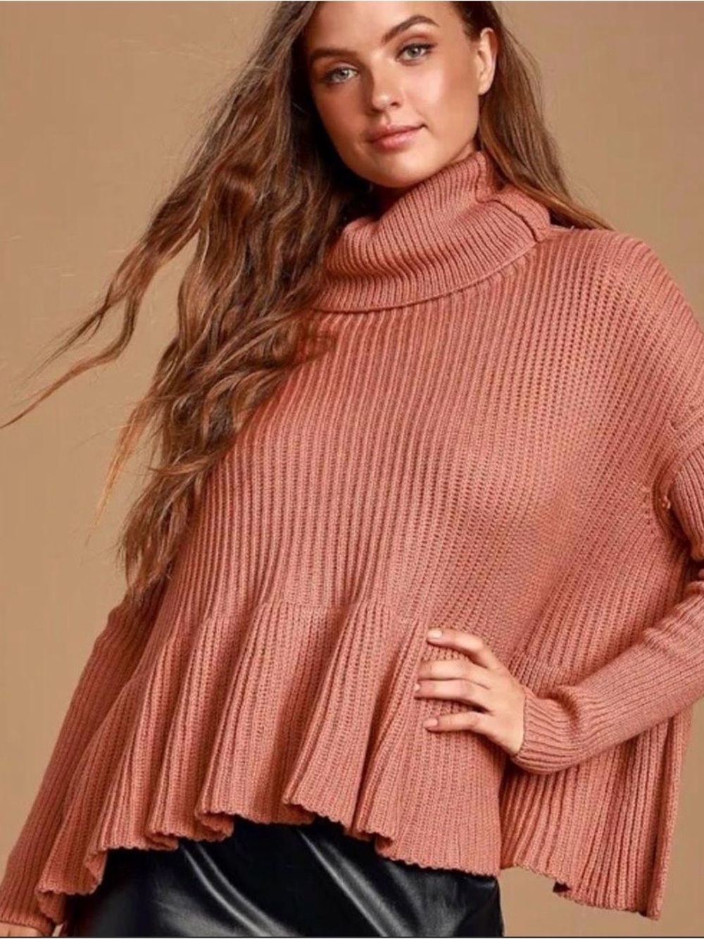 Free People Layer Cake Turtleneck Ruffle-Hem Sweater Size Small Oversized